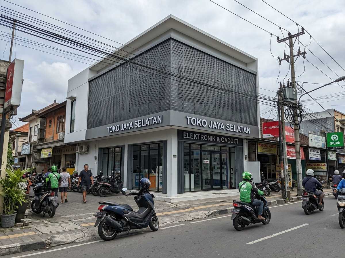Eksterior bangunan komersial dengan desain fasad ruko minimalis berbahan panel aluminium dekoratif kustom di Denpasar Bali.